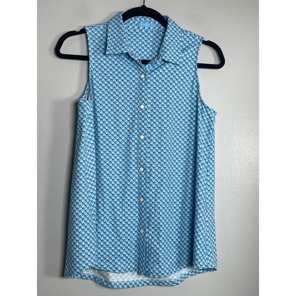 J.McLaughlin Tops - J.McLAUGHLIN Geometric Print Sleeveless Snap Front Top Blouse Blue Small Preppy